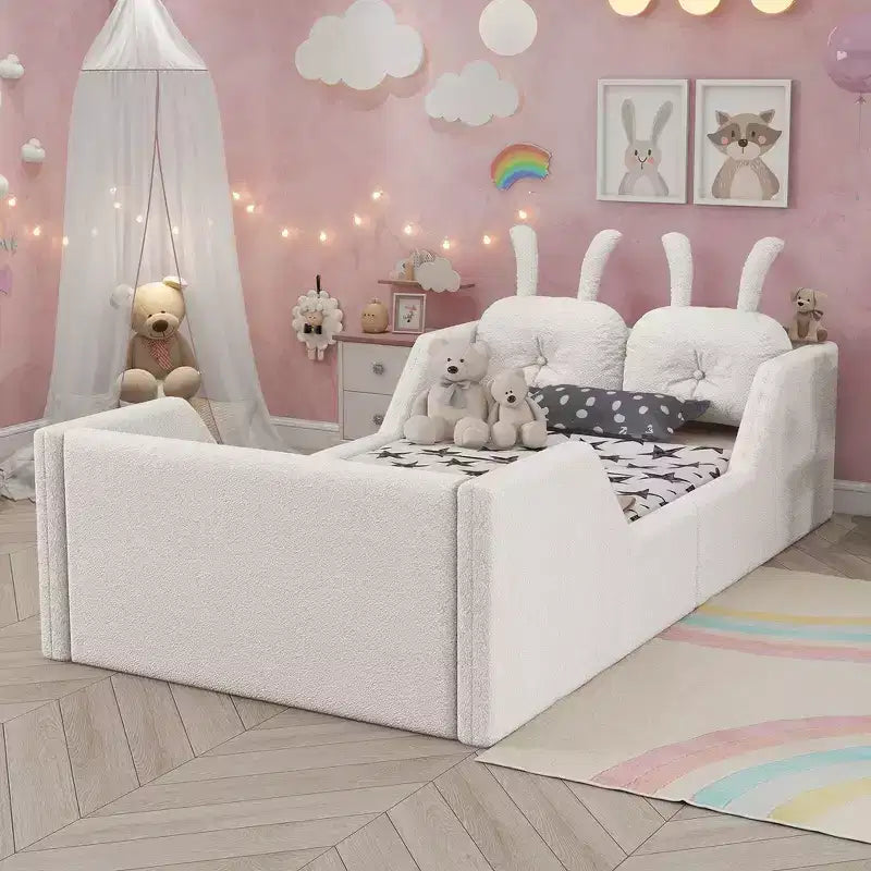 Whisen Twin - Letto a piattaforma, Letto imbottito da pavimento per bambini con cuscino a coniglio, Sponde laterali rimovibili