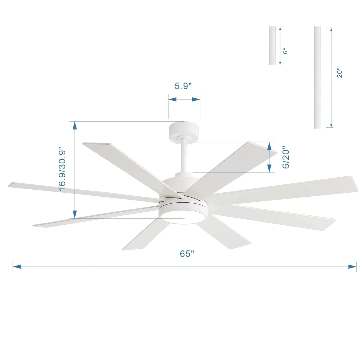 Ventilatore da soffitto nero da 65 pollici a 8 pale con luce LED e telecomando