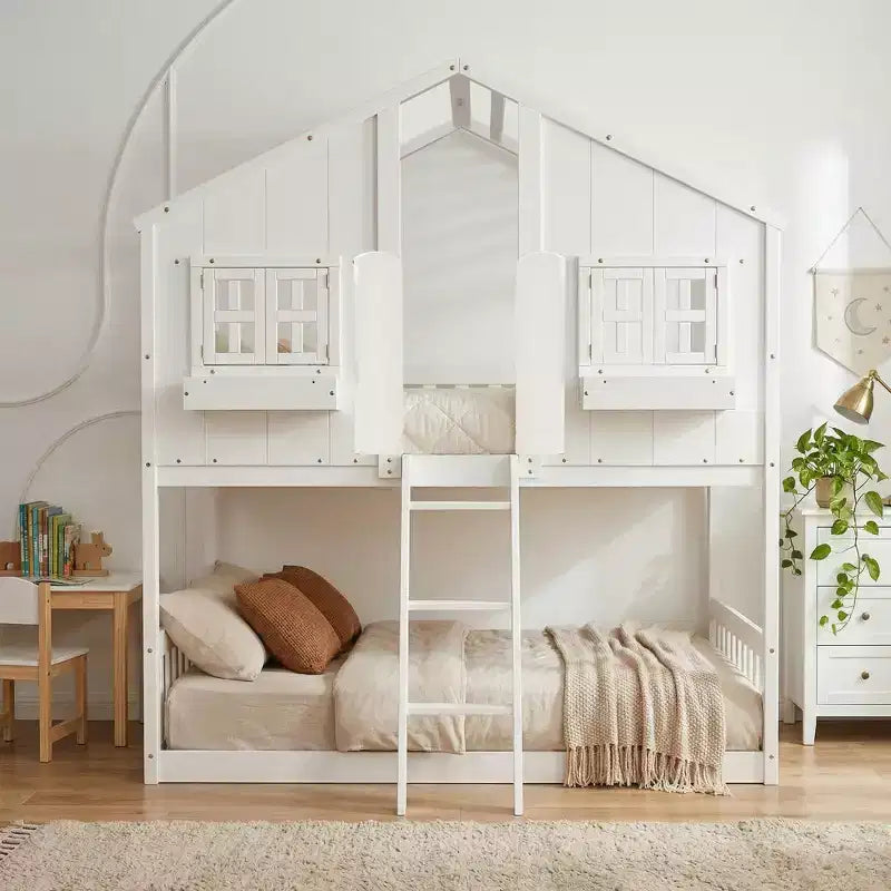 Letto a soppalco a forma di casetta con scaletta e spondine per bambini, in legno, misura singola