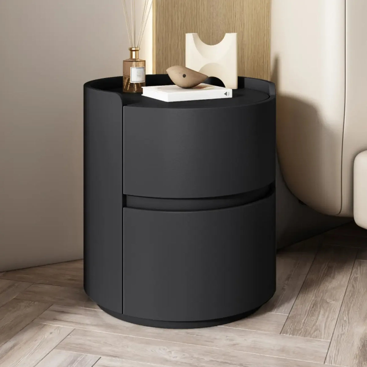 Comodino rotondo a 2 cassetti in pelle moderna