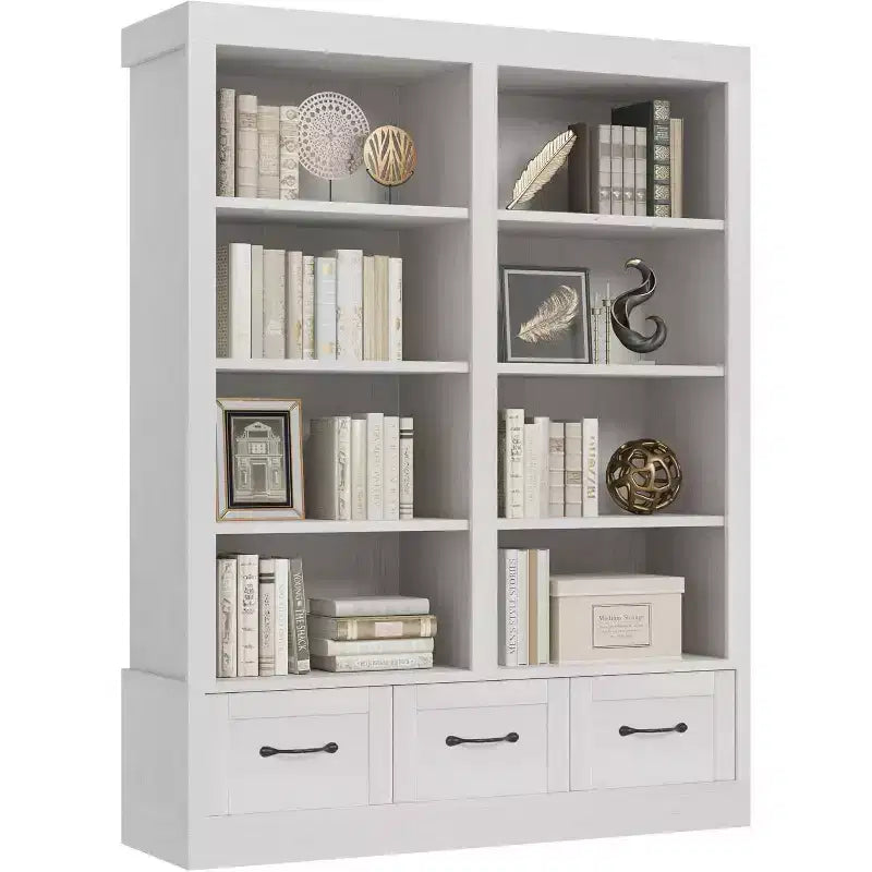 Bibliothèque et étagères de 64 H, étagère avec 3 tiroirs de rangement, étagère ouverte à 4 niveaux double largeur pour bureau salon