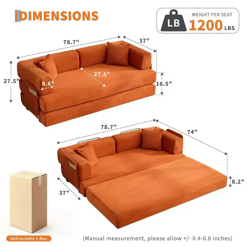 Divano Letto, 78.8 Divano/Divanetto Pieghevole 5 in 1, Struttura in Acciaio a Forma Fissa, in Velluto a Coste con Cuscini