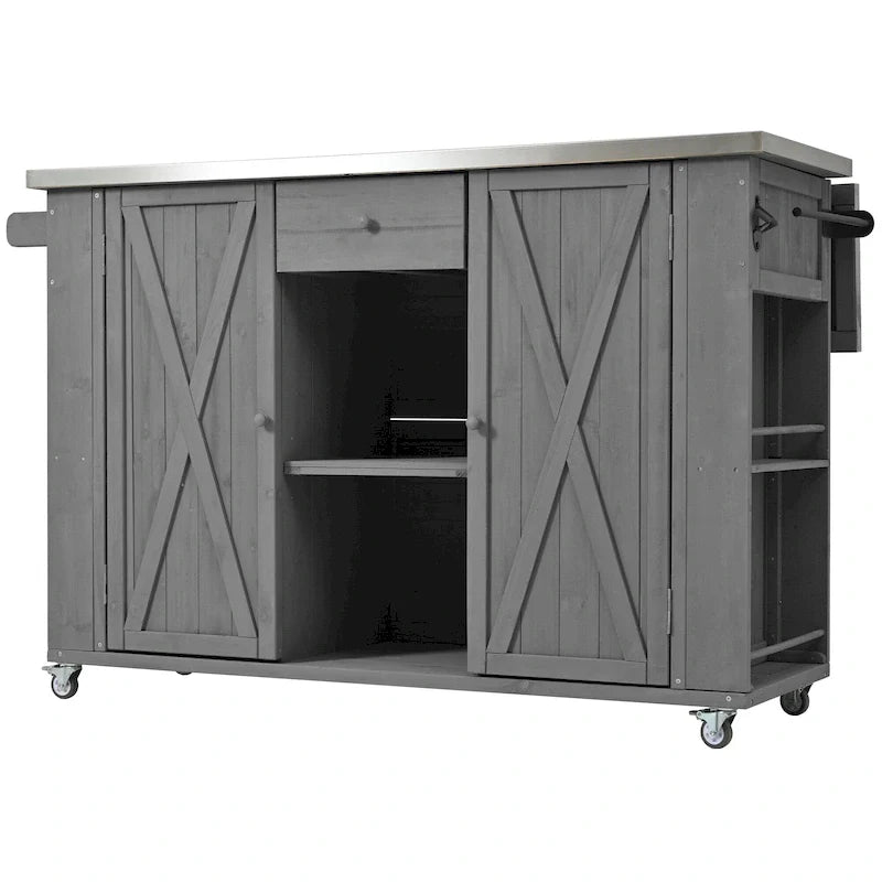 Îlot de cuisine d'extérieur, bois de sapin rustique avec plateau en acier inoxydable et rangement intelligent