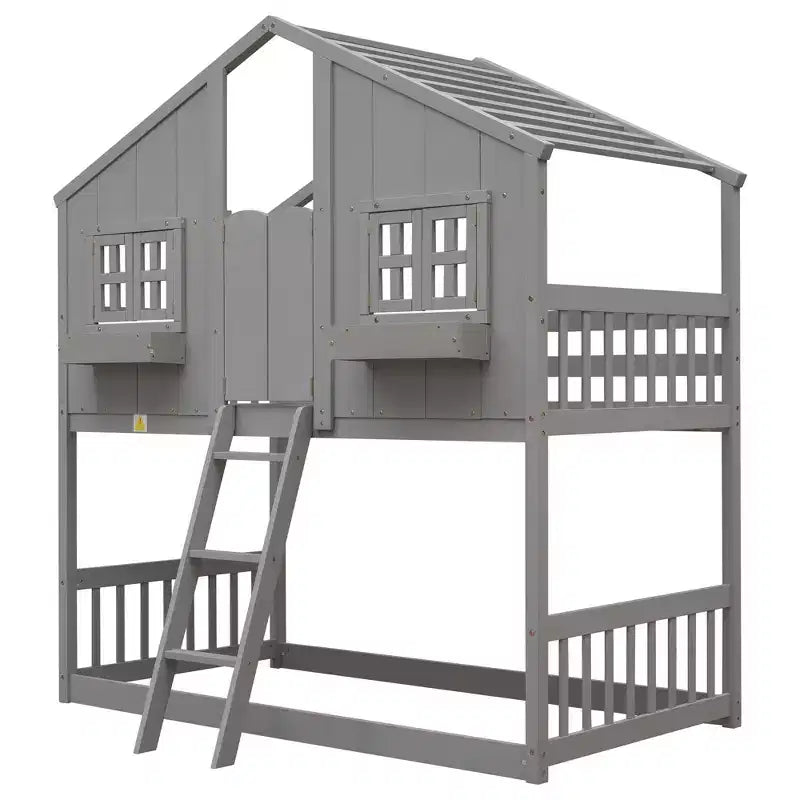 Letto a soppalco a forma di casetta con scaletta e spondine per bambini, in legno, misura singola