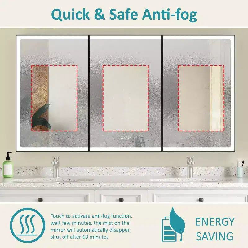 Pensile da Bagno con Specchio LED, Montaggio a Superficie o Incasso, Luce Dimmerabile, Antiappannamento, Ripiani Regolabili
