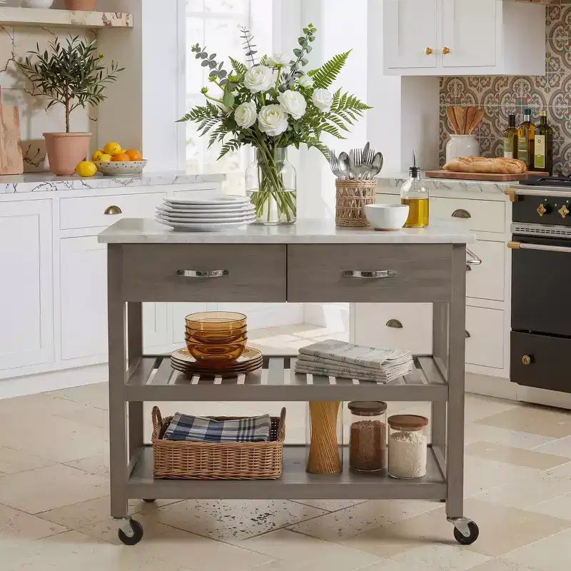 Carrello da Cucina su Ruote con Piano in Marmo, Isola da Cucina in Legno Massello con 2 Cassetti, Carrello da Cucina a 3 Livelli con Ruote Staccabili Bloccabili e Portasciugamani