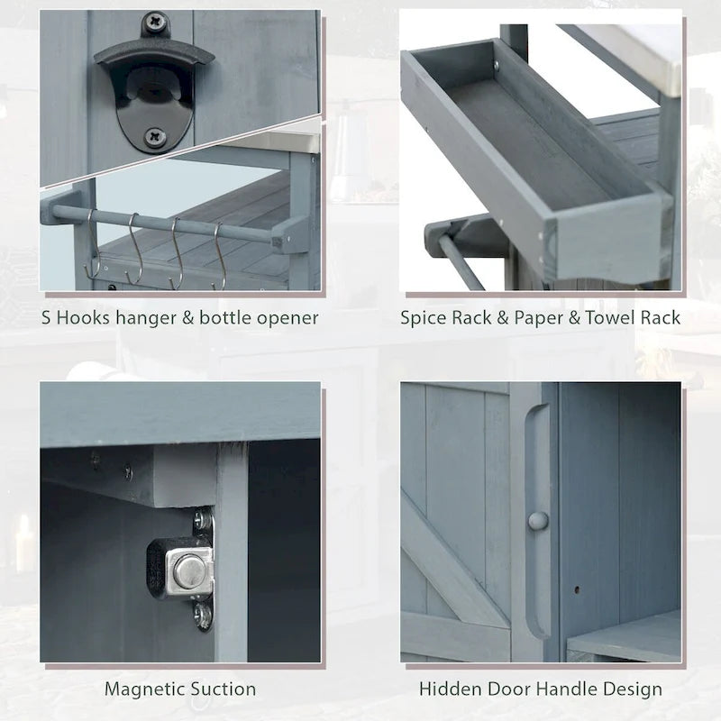 Isola Cucina da Esterno, Carrello Bar con Ruote e Mobile Contenitore, Tavolo per Barbecue in Legno Massello con Piano in Acciaio Inox, Porta Spezie, Porta Asciugamani