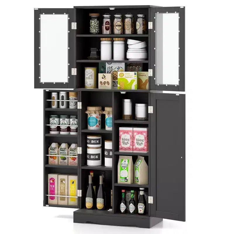 Dispensa da Cucina Alta 161 cm con Ante in Vetro e Ripiani Contenitori Nera/Bianca