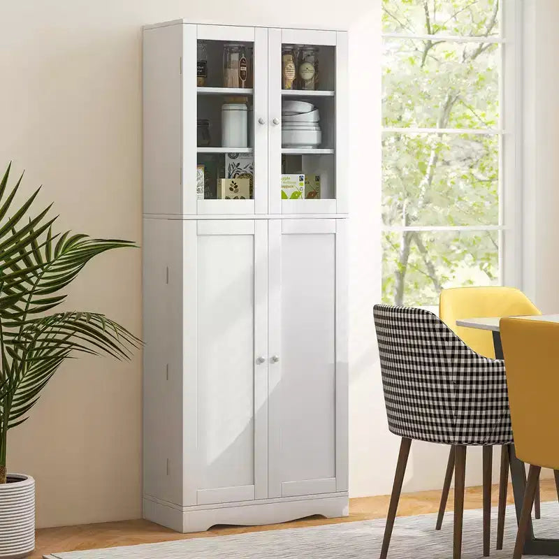Dispensa da Cucina Alta 161 cm con Ante in Vetro e Ripiani Contenitori Nera/Bianca