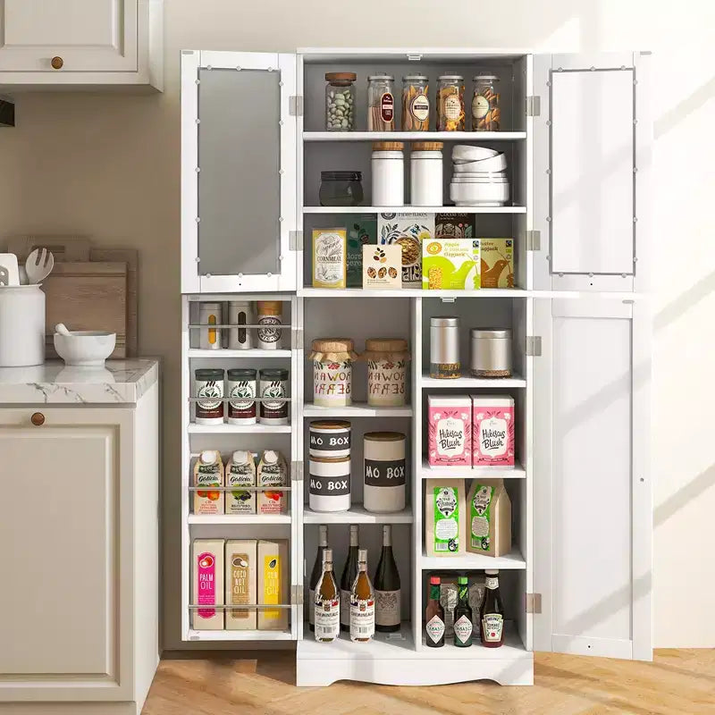 Dispensa da Cucina Alta 161 cm con Ante in Vetro e Ripiani Contenitori Nera/Bianca