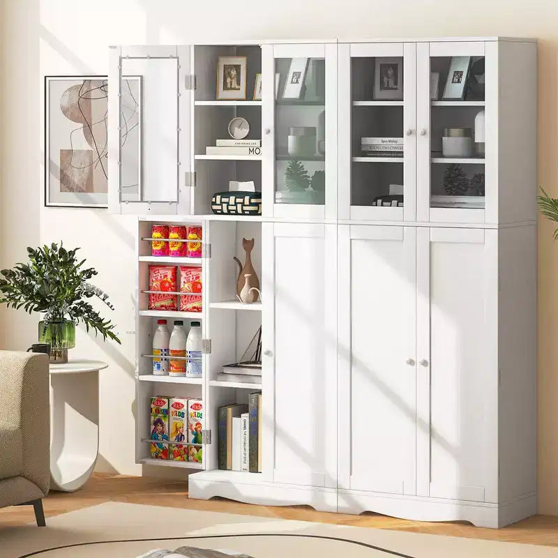 Dispensa da Cucina Alta 161 cm con Ante in Vetro e Ripiani Contenitori Nera/Bianca