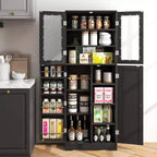 Dispensa da Cucina Alta 161 cm con Ante in Vetro e Ripiani Contenitori Nera/Bianca