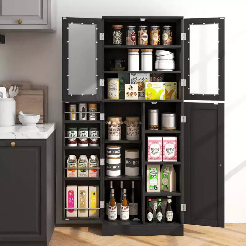 Dispensa da Cucina Alta 161 cm con Ante in Vetro e Ripiani Contenitori Nera/Bianca