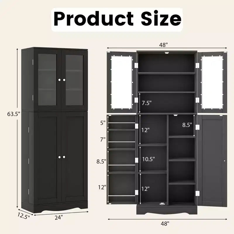 Dispensa da Cucina Alta 161 cm con Ante in Vetro e Ripiani Contenitori Nera/Bianca