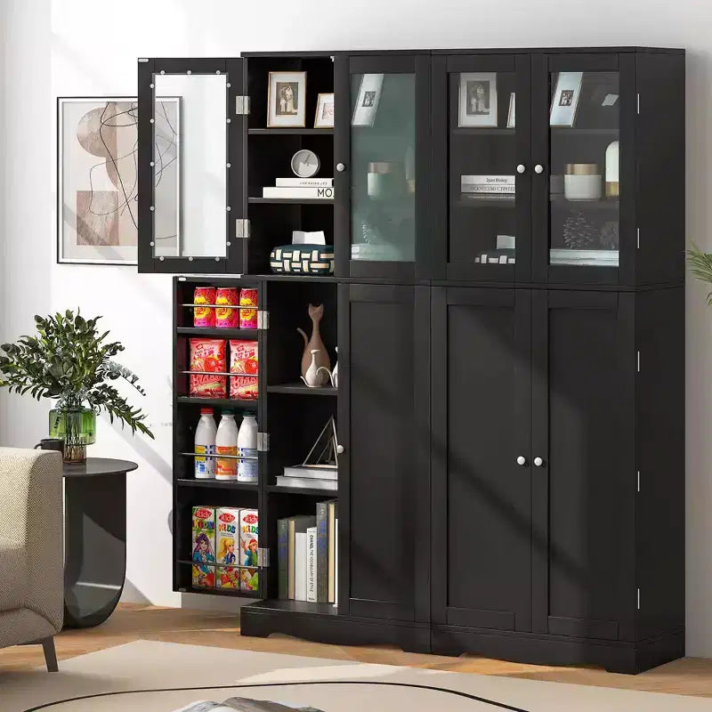 Dispensa da Cucina Alta 161 cm con Ante in Vetro e Ripiani Contenitori Nera/Bianca
