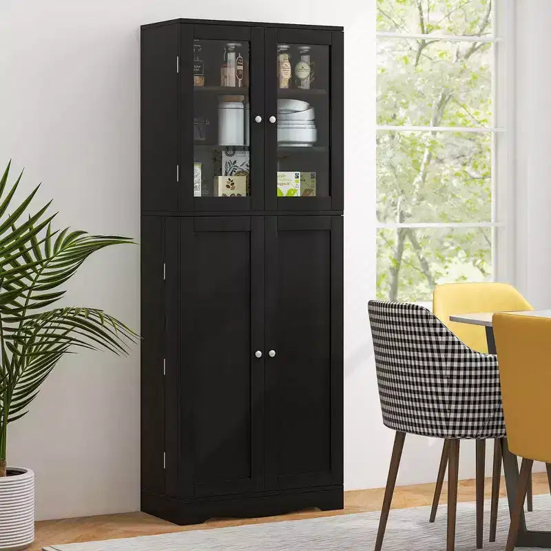 Dispensa da Cucina Alta 161 cm con Ante in Vetro e Ripiani Contenitori Nera/Bianca