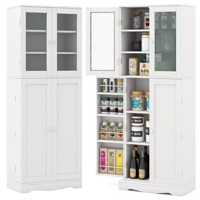 Dispensa da Cucina Alta 161 cm con Ante in Vetro e Ripiani Contenitori Nera/Bianca