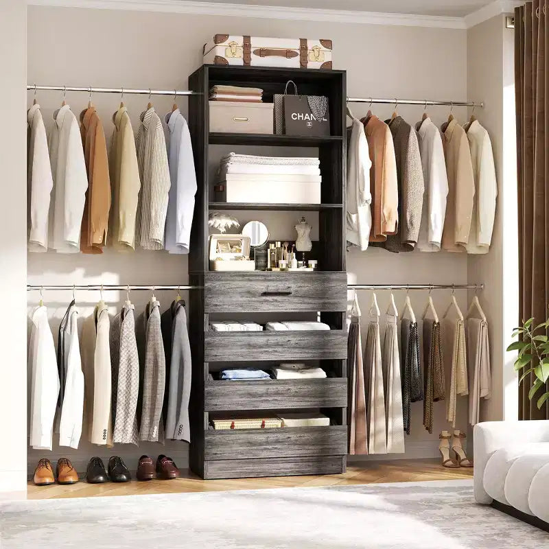 Besiost Sistema Organizer per Armadio in Legno 4-9 piedi con 4 Cassetti, 4 Aste Appendiabiti e Torri Scaffale