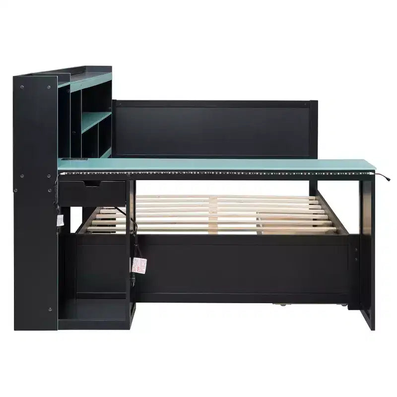 Daybed da gioco completo/queen size con testiera libreria, luci LED, scrivania integrata, cassetti e stazione di ricarica