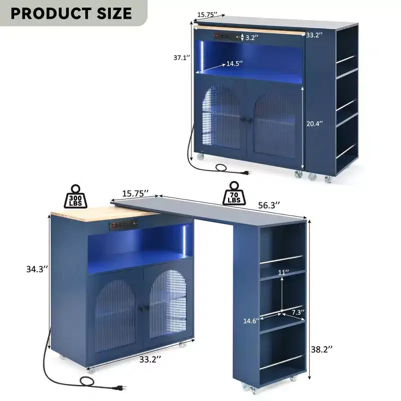 Isola da Cucina con Ruote e 2 Ante in Vetro, Carrello da Cucina con Tavolo Estensibile e Prese di Corrente, Isola da Cucina con Ripiani Laterali Aperti