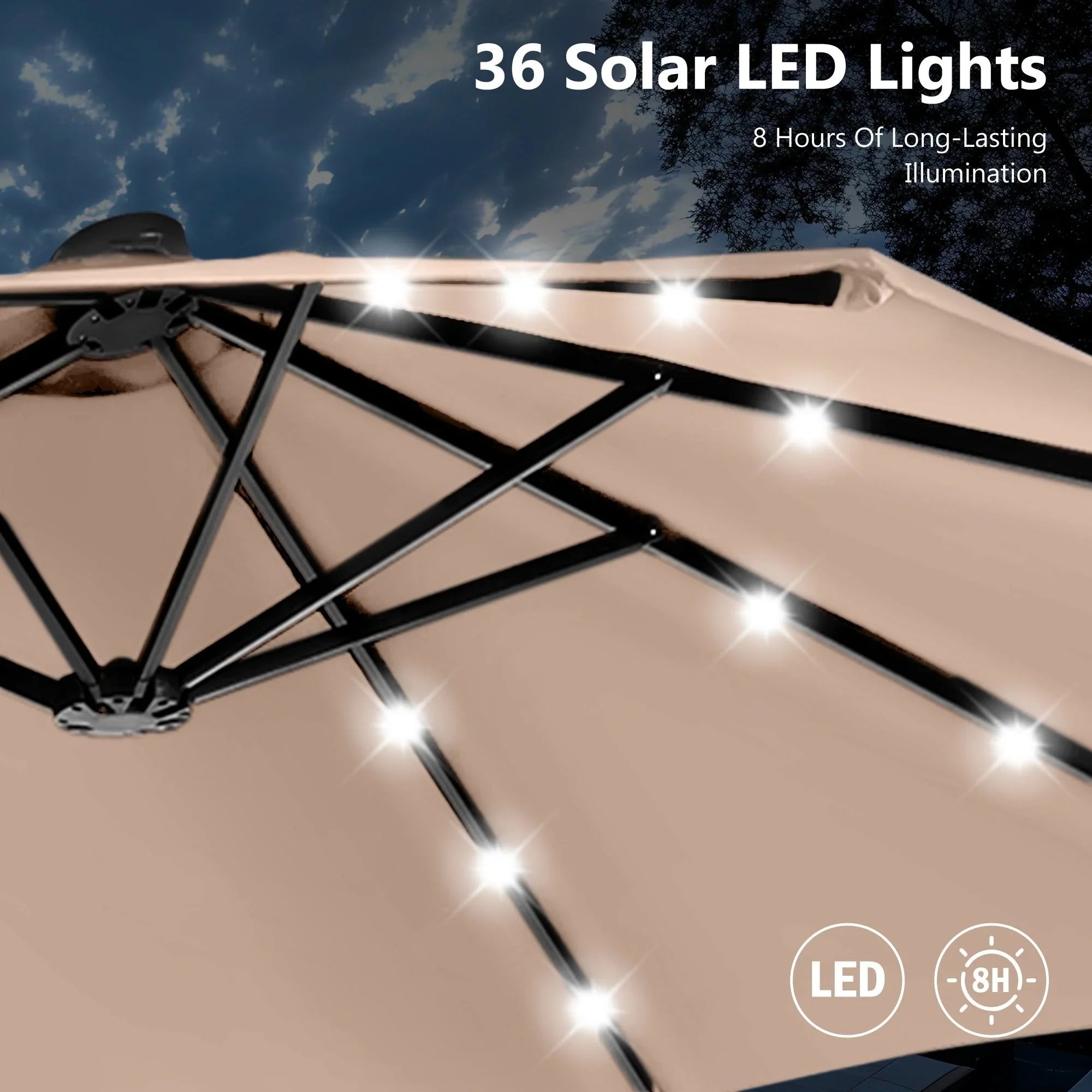 MAISON ARTS Ombrellone rettangolare da esterno a manovella con doppia falda da 4,5 metri, con luci a LED solari e base inclusa