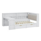 Divano Letto a "L" in Legno con Scrivania, Mobile Libreria, Letto Angolare con Cassetti Sottostanti, Testiera Imbottita con Luce Integrata