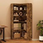 Libreria angolare a 5 ripiani a forma di L, in stile retrò, Bianco/Nero/Legno, singola