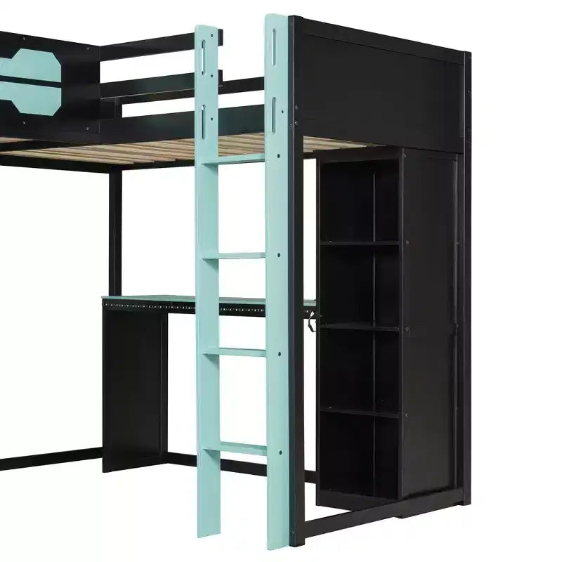 Letto a soppalco a L da gaming con scrivanie, letti a soppalco doppi con luci LED, porte USB, scaffali portaoggetti, letto a soppalco ad angolo in legno per 2