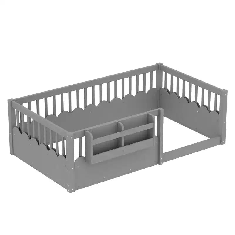Letto a terra per bambini Bellemave con recinzione rialzata e libreria, struttura letto matrimoniale in legno Montessori per bambine e bambini