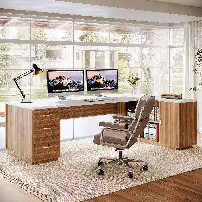 Scrivania direzionale a L Lantine 85.8, scrivania da computer da ufficio extra large con cassetti per schedari per l'home office
