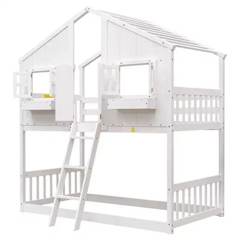 Letto a soppalco a forma di casetta con scaletta e spondine per bambini, in legno, misura singola