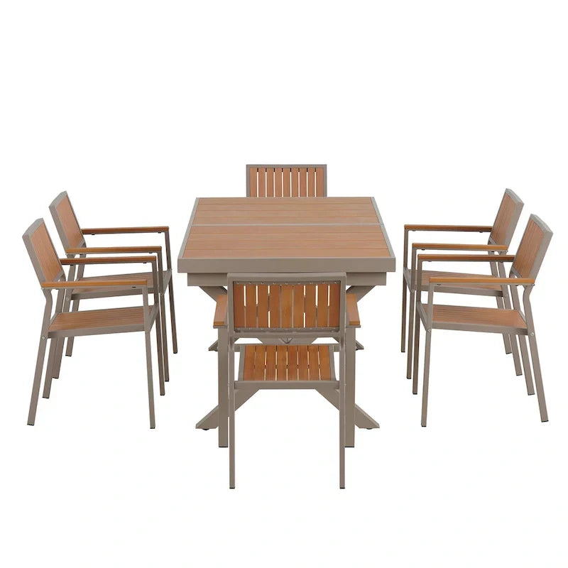 Set da pranzo da esterno allungabile a 7 pezzi con tavolo allungabile e 6 sedie con braccioli