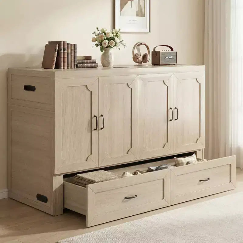 Mjkone Letto a Scomparsa Convertibile Matrimoniale Queen Size con Ricarica USB, Cassetti Contenitori, Materasso Escluso
