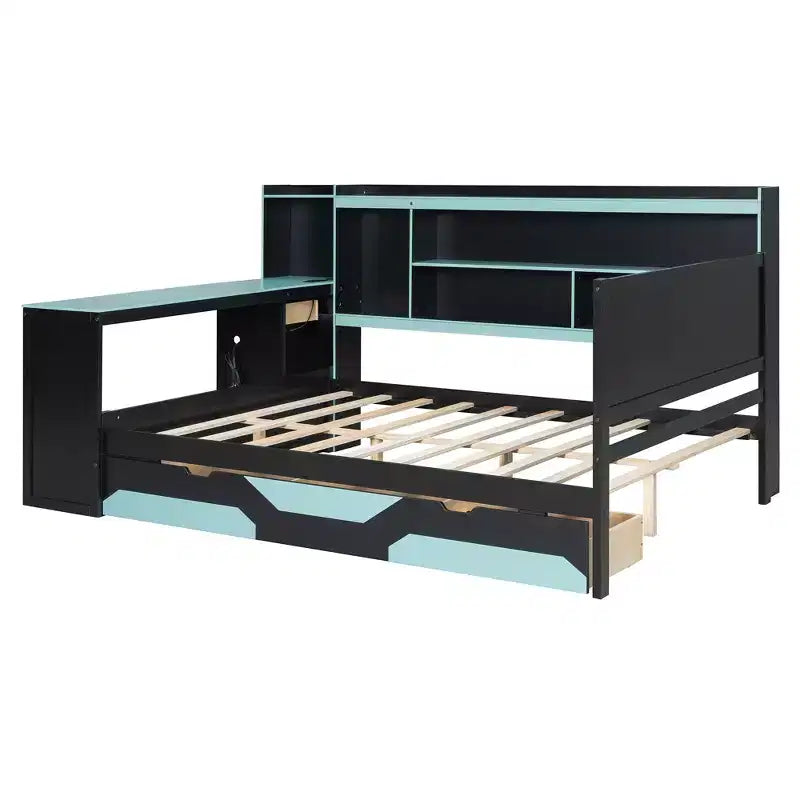Daybed da gioco completo/queen size con testiera libreria, luci LED, scrivania integrata, cassetti e stazione di ricarica