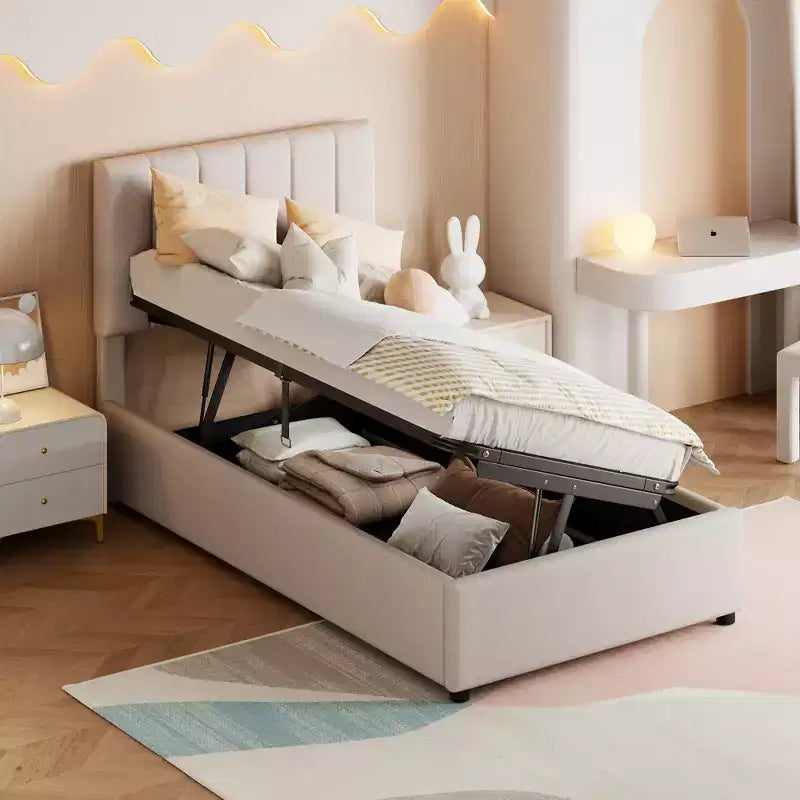 Bellemave Letto Matrimoniale Singolo con Contenitore a Sollevamento, Letto a Piattaforma Imbottito con Sistema di Contenitore Idraulico, Testiera a Strisce Verticali, Beige