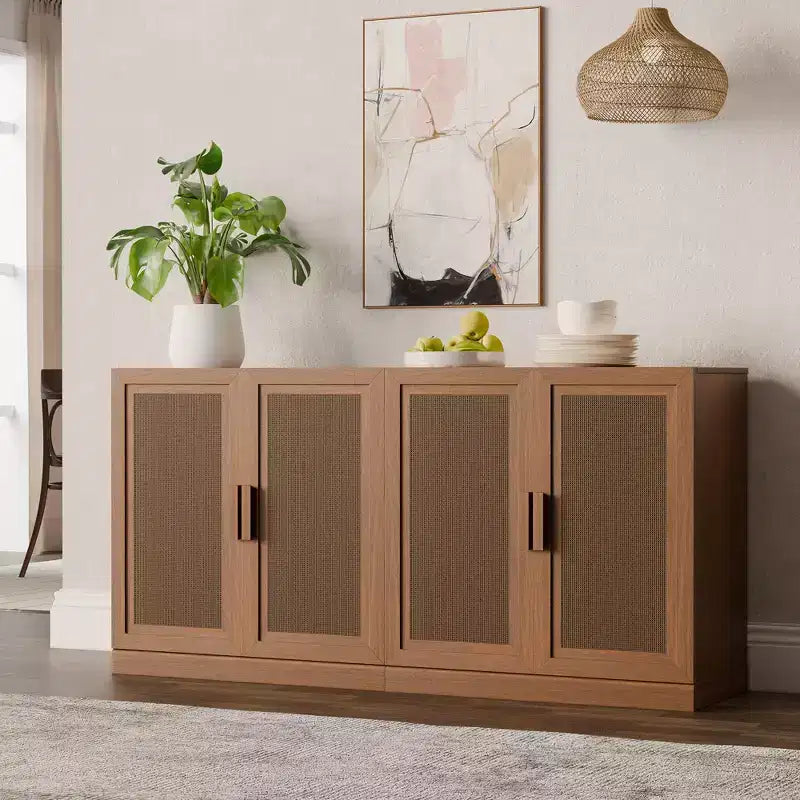 Credenza con ante in rattan a 3 scomparti, armadietto contenitore con ripiani regolabili - 93Lx31H