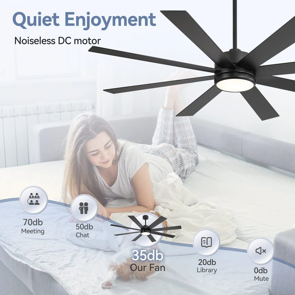 Ventilatore da soffitto nero da 65 pollici a 8 pale con luce LED e telecomando