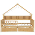 Struttura letto a casetta a grandezza naturale con cassetti, letto a piattaforma a casetta con luci LED, mensole e cassetti portaoggetti, divano letto in legno con tetto e sponda