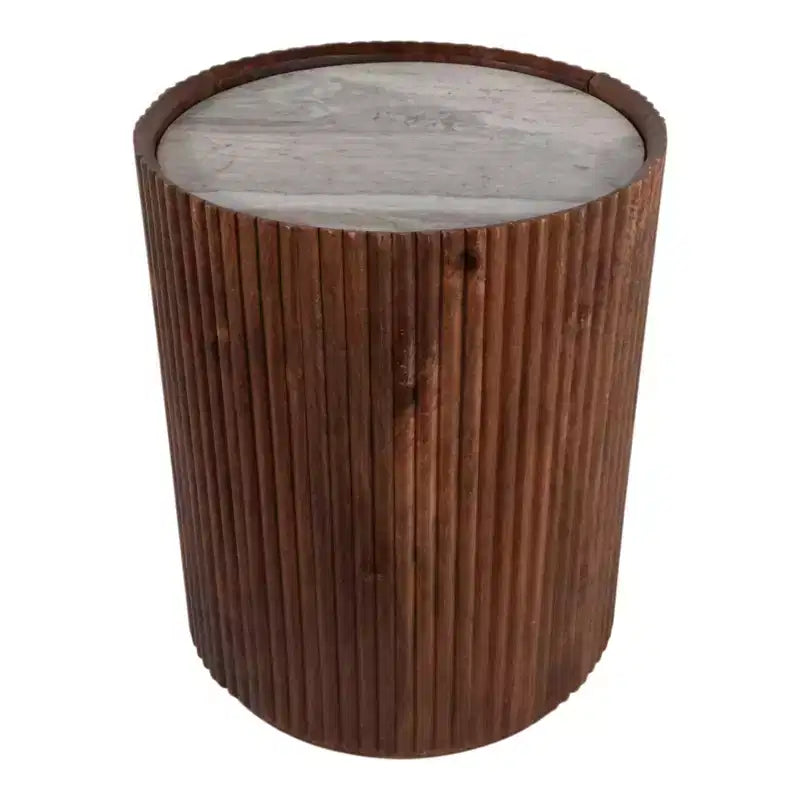 Tavolino Laterale Decorativo in Legno Scanalato con Piano in Marmo e Spazio Contenitivo - Piccolo Tavolino d'Appoggio per Arredo Camera da Letto o Soggiorno