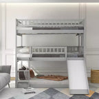 Letto a Castello Triplo Full Over Full con Scaletta Convertibile e Scivolo, Letto Triplo con Sponde di Protezione, Bianco/Grigio/Espresso - ModernLuxe
