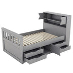 Letto a piattaforma Twin/Full Size Captain con 4 cassetti e mensole portaoggetti, struttura letto in legno massello con testiera libreria contenitore