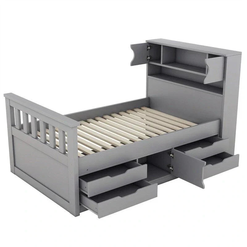 Letto a piattaforma Twin/Full Size Captain con 4 cassetti e mensole portaoggetti, struttura letto in legno massello con testiera libreria contenitore