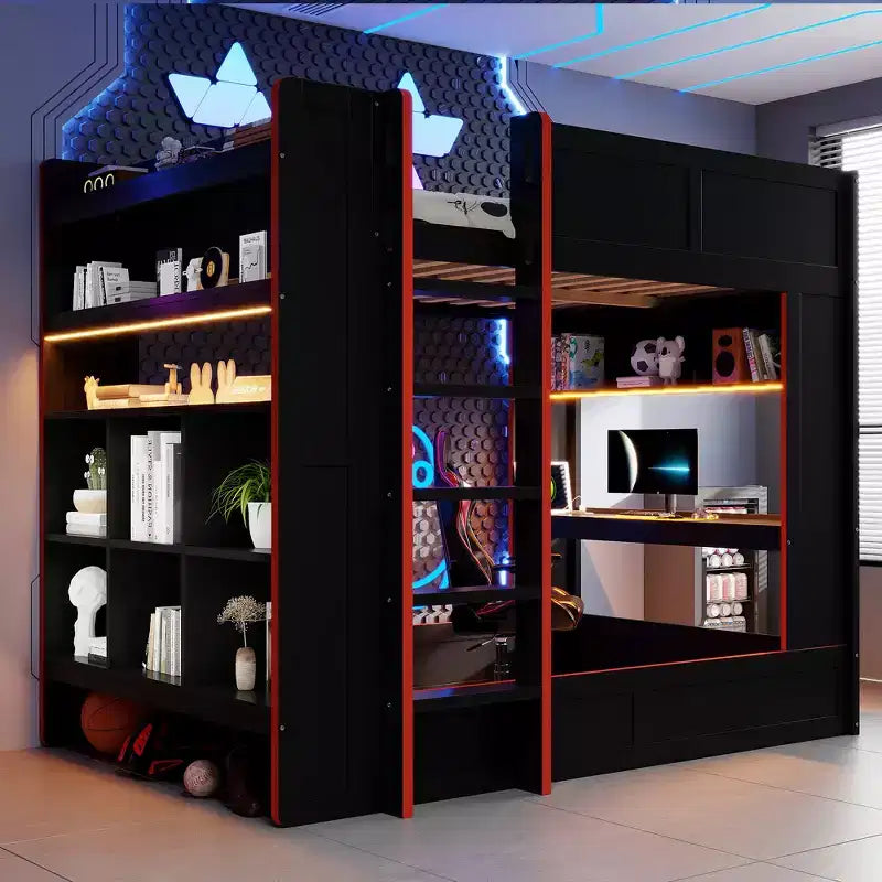 Letto a castello da gaming in legno a grandezza naturale con scrivania integrata, mensole, luci LED a 7 colori e stazione di ricarica, nero - ModernLuxe