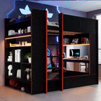 Letto a castello da gaming in legno a grandezza naturale con scrivania integrata, mensole, luci LED a 7 colori e stazione di ricarica, nero - ModernLuxe