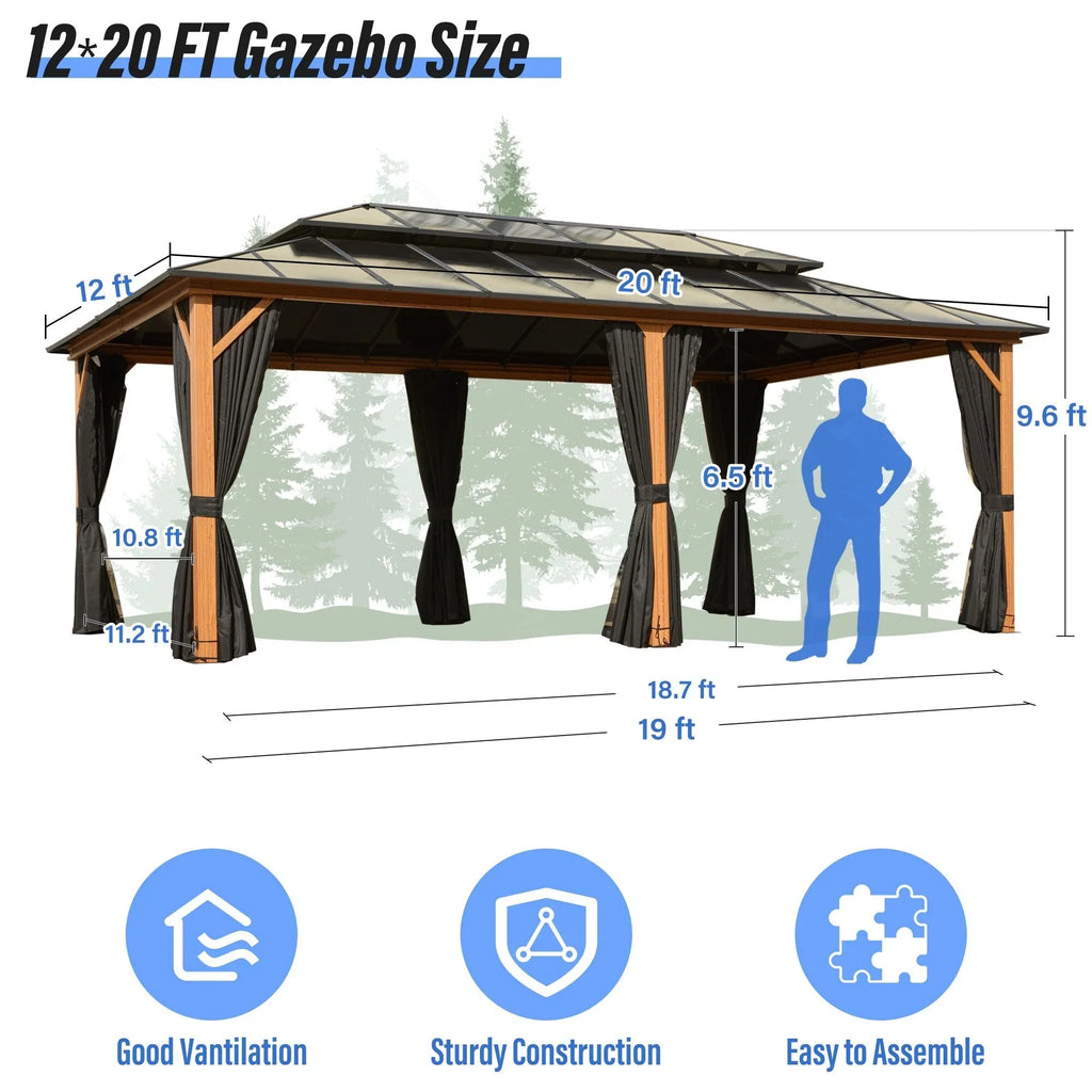 EROMMY Gazebo a tetto rigido, Pergola da esterno con doppio tetto, zanzariere e tende, Tenda da sole resistente per patio, cortile, feste in piscina