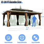 EROMMY Gazebo a tetto rigido, Pergola da esterno con doppio tetto, zanzariere e tende, Tenda da sole resistente per patio, cortile, feste in piscina