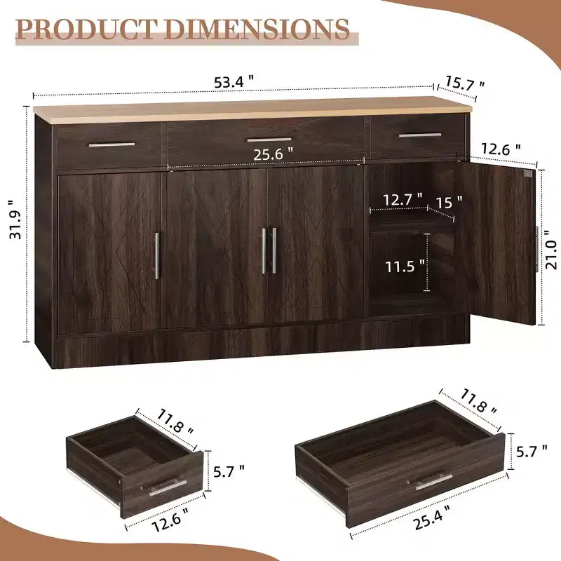 Mobile Buffet Celebalcony con Contenitore, Grande Mobile Contenitore da Cucina da 53,4 pollici con 3 Cassetti e 4 Ante, Ripiano Regolabile per Cucina, Soggiorno