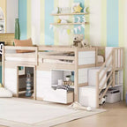 Letto a soppalco basso in legno massiccio, piazza e mezza, 94.6L x 42.3W, con scala, cassetto e mensola, design moderno e pulito