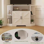 Mobile porta TV ad angolo per televisori fino a 55", console multimediale stile rustico con anta scorrevole a granaio, ripiani aperti e mobiletto, bianco