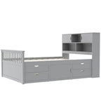 Letto a piattaforma Twin/Full Size Captain con 4 cassetti e mensole portaoggetti, struttura letto in legno massello con testiera libreria contenitore